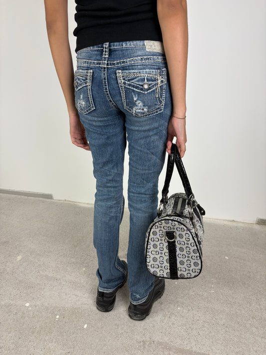 Vintage 2000s Silver Lowrise Bootcut Jeans Embroidered Distressed (36/S)
